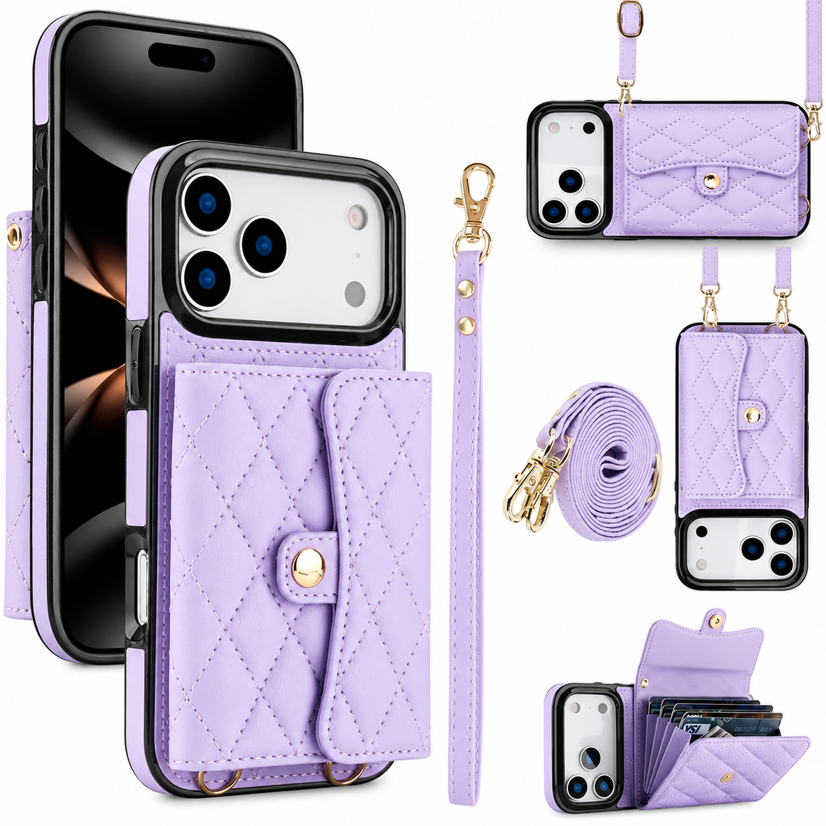 Premium iPhone Case Leather Crossbody Wallet Card Holder Coin Pocket Wrist Shoulder Strap Shockproof Non Slip Full Coverage Portable Protective Design