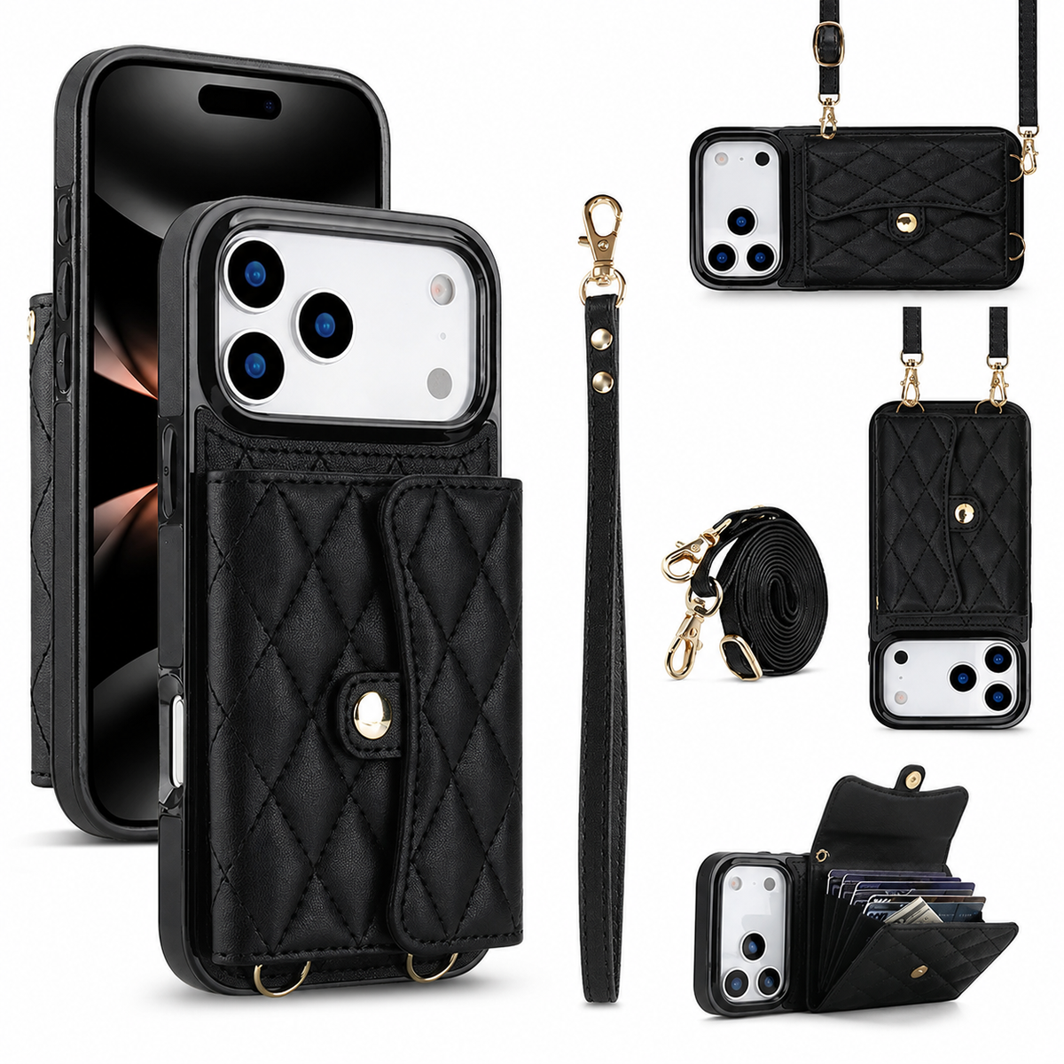 Premium iPhone Case Leather Crossbody Wallet Card Holder Coin Pocket Wrist Shoulder Strap Shockproof Non Slip Full Coverage Portable Protective Design