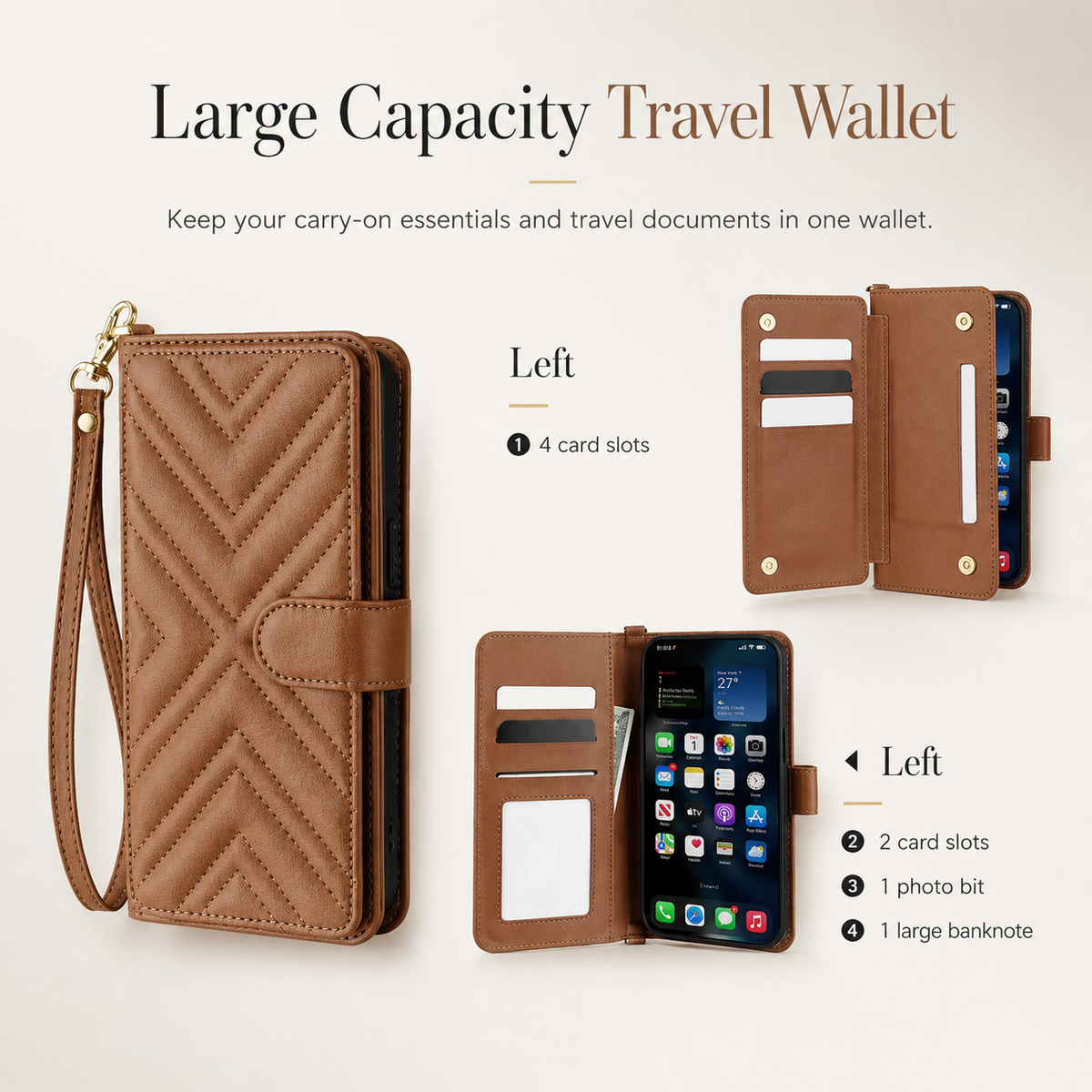 Premium iPhone Case Leather Flip Wallet Card Holder Shockproof Durable Cover Magnetic Closure Full Body Protection Slim Stand Design Scratch Resistant