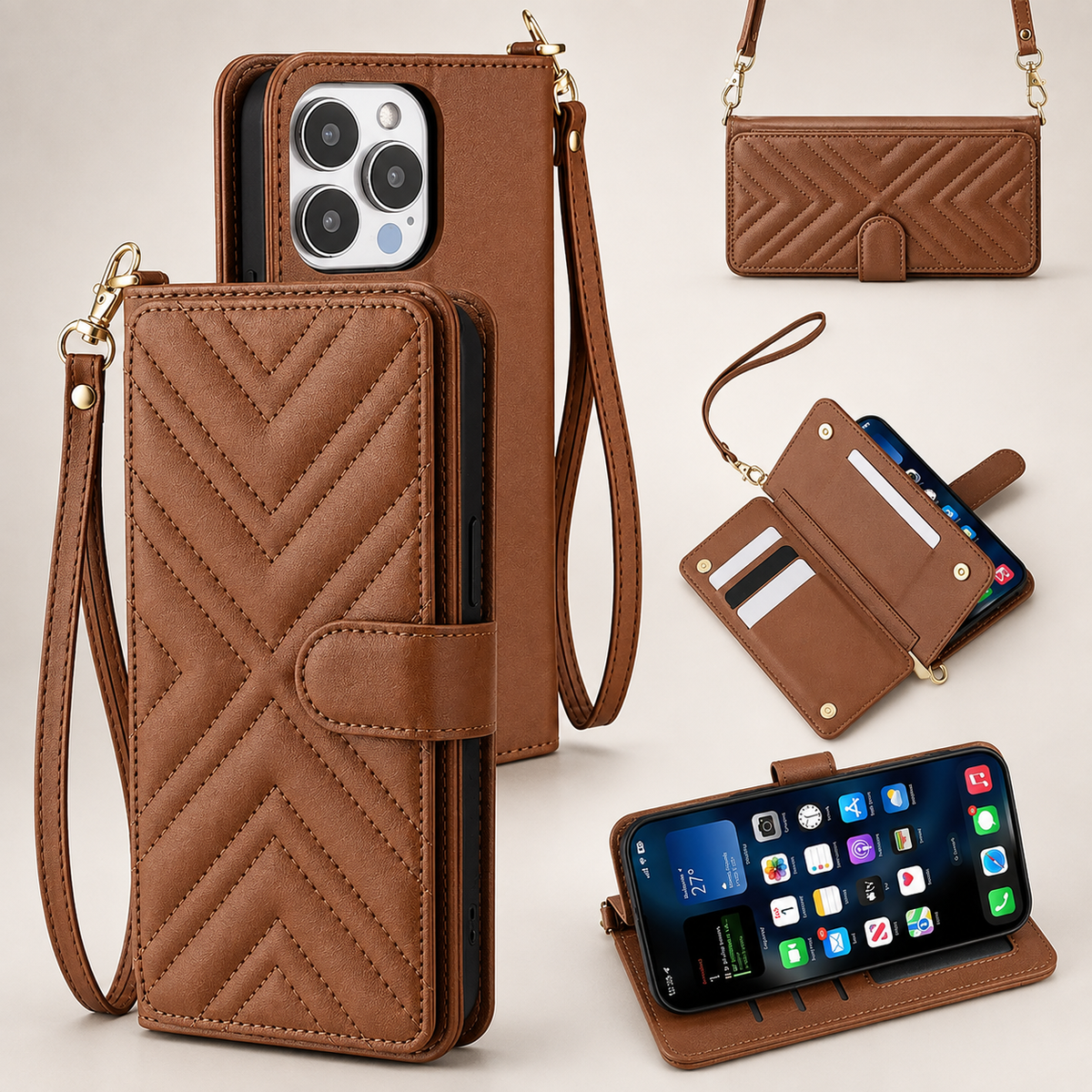 Premium iPhone Case Leather Flip Wallet Card Holder Shockproof Durable Cover Magnetic Closure Full Body Protection Slim Stand Design Scratch Resistant