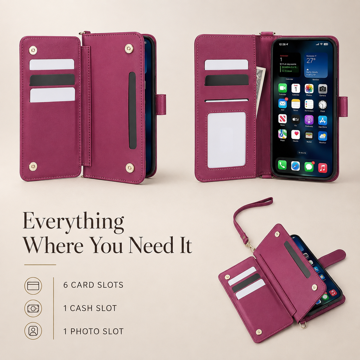 Premium iPhone Case Leather Flip Wallet Card Holder Shockproof Durable Cover Magnetic Closure Full Body Protection Slim Stand Design Scratch Resistant