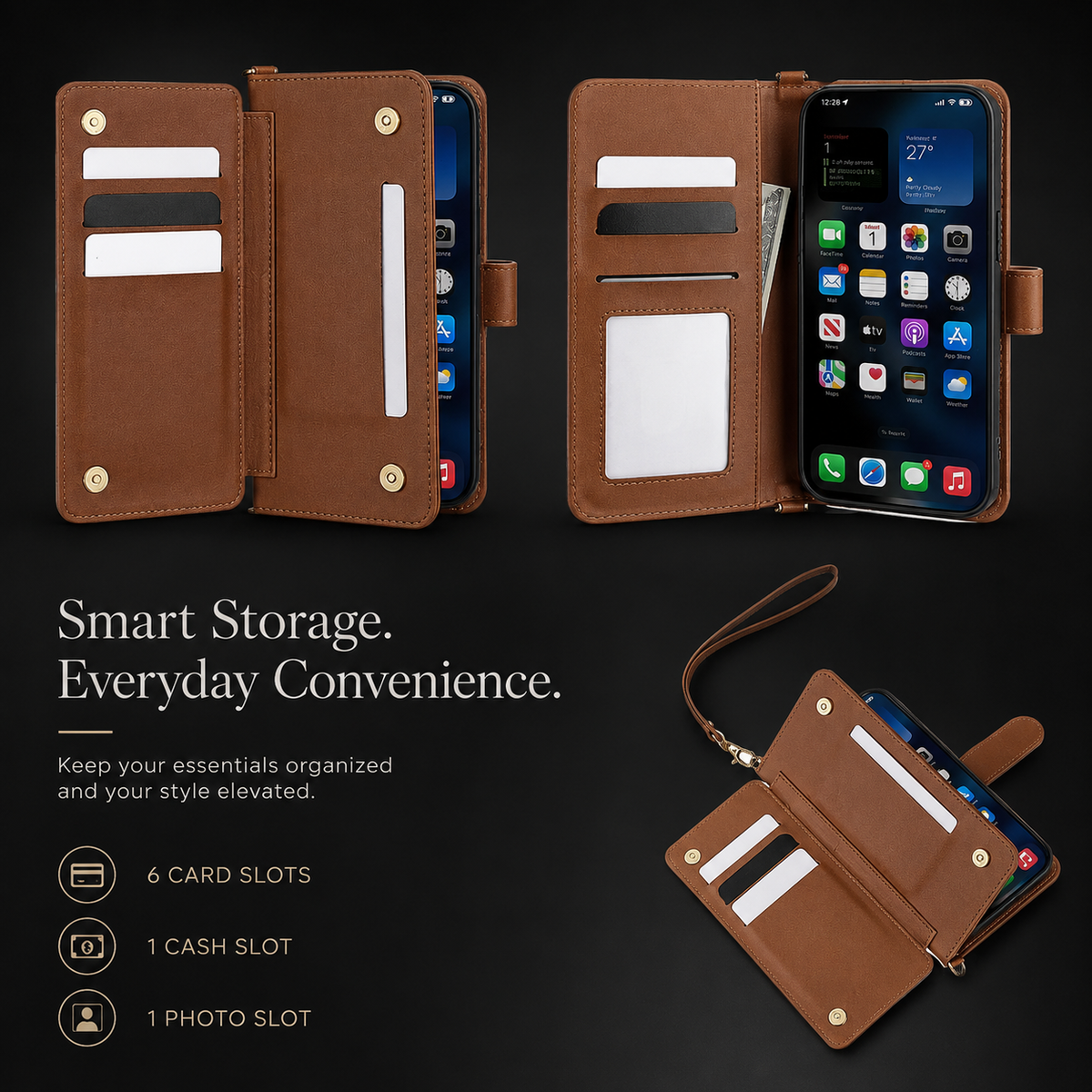 Premium iPhone Case Leather Flip Wallet Card Holder Shockproof Durable Cover Magnetic Closure Full Body Protection Slim Stand Design Scratch Resistant