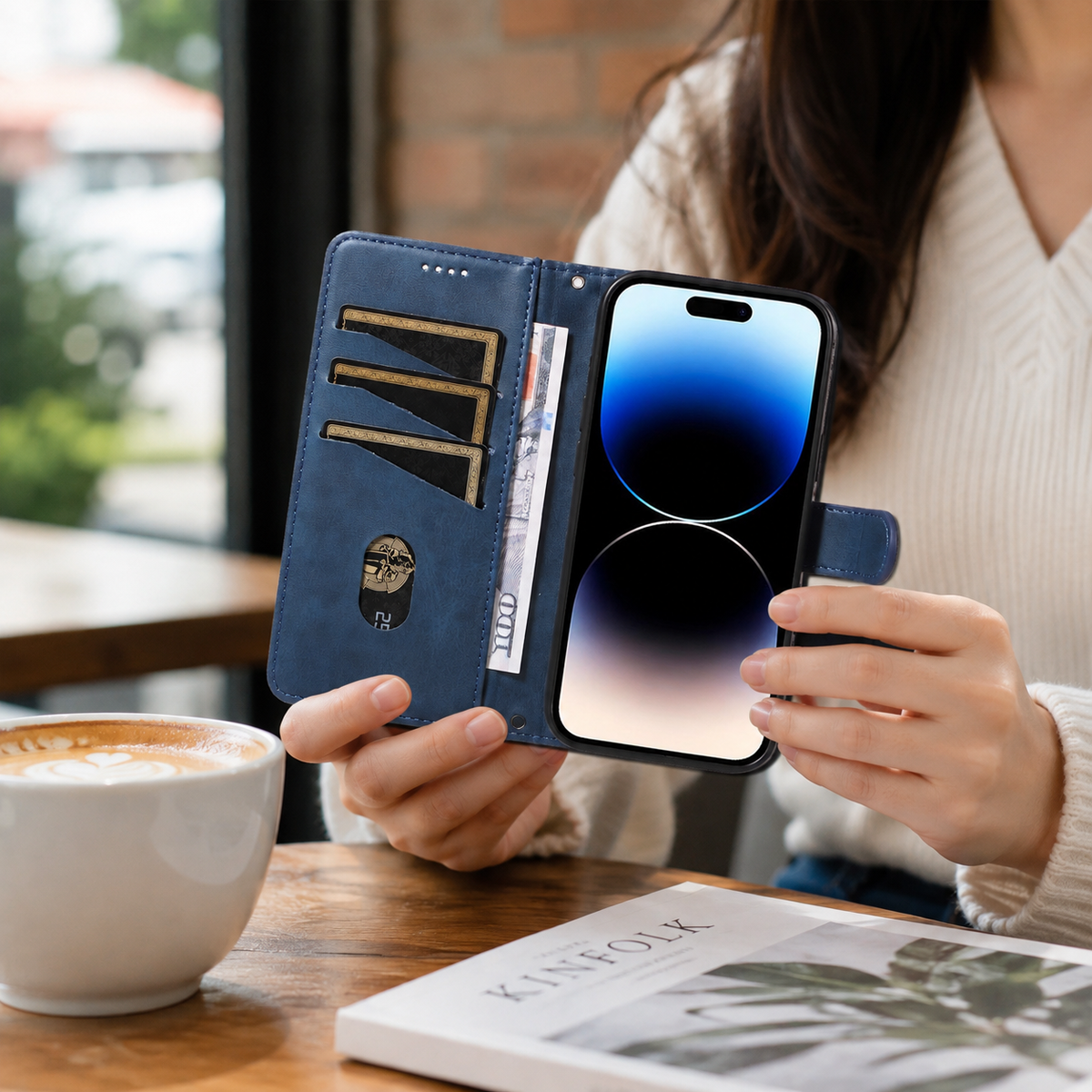 Premium iPhone Case Leather Flip Wallet Magnetic Card Holder Stand Anti Scratch Non Slip Protective Book Cover Storage Compartment Slim Folio Case