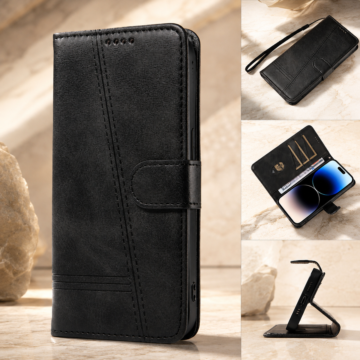 Premium iPhone Case Leather Flip Wallet Magnetic Card Holder Stand Anti Scratch Non Slip Protective Book Cover Storage Compartment Slim Folio Case