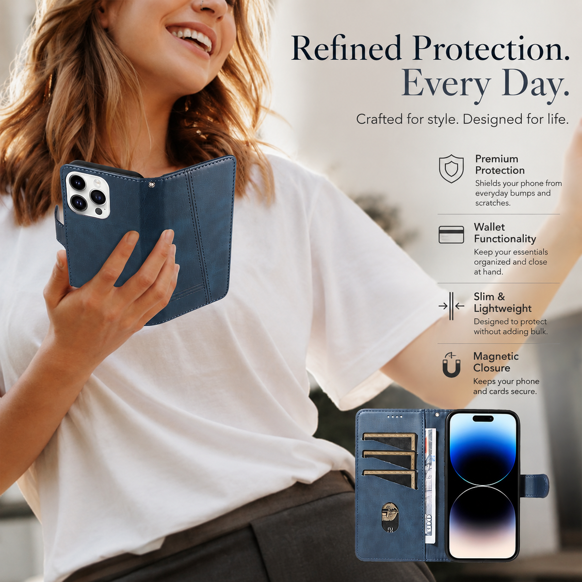 Premium iPhone Case Leather Flip Wallet Magnetic Card Holder Stand Anti Scratch Non Slip Protective Book Cover Storage Compartment Slim Folio Case