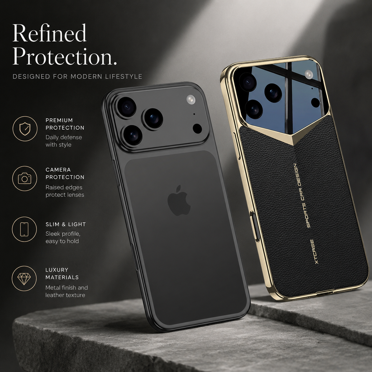 Premium iPhone Case Leather Hard Shell Camera Lens Protection Shockproof Anti Scratch Anti Fingerprint Non Slip Electroplated Slim Dustproof Protective Cover
