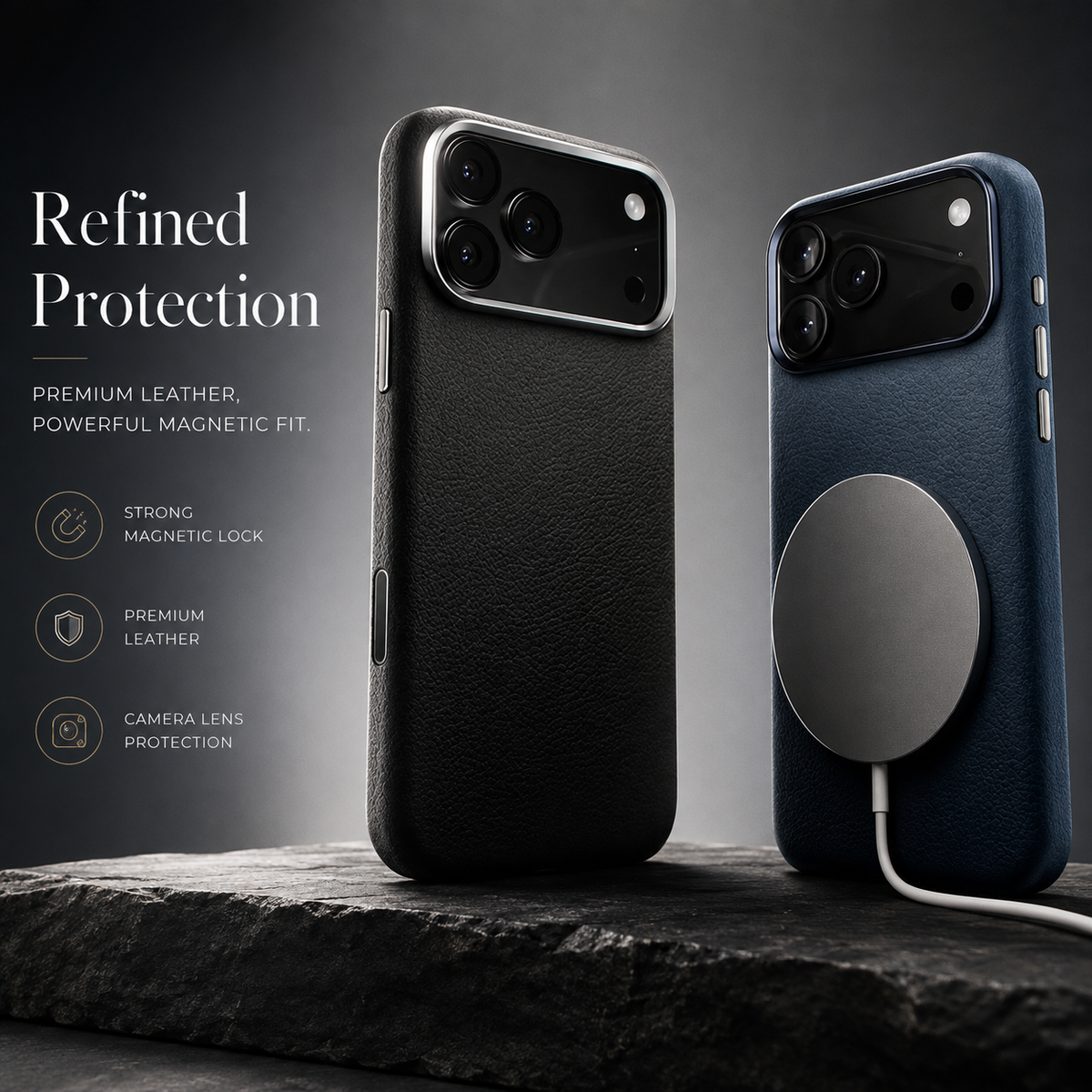 Premium iPhone Case Leather Magnetic Cover MagSafe Compatible Wireless Charging Anti Fingerprint Shockproof Full Protection Camera Access Slim Profile