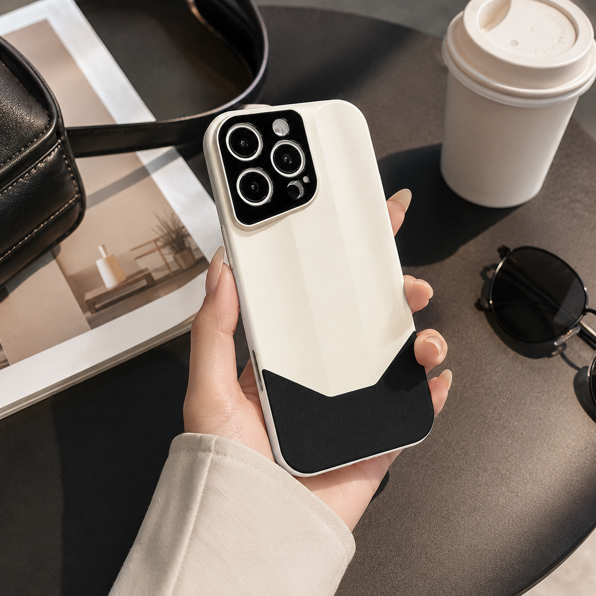 Premium iPhone Case Leather PC Hybrid Shockproof Protective Cover Anti Scratch Anti Fingerprint Non Slip Slim Contrast Color Hard Half Wrapped Shell