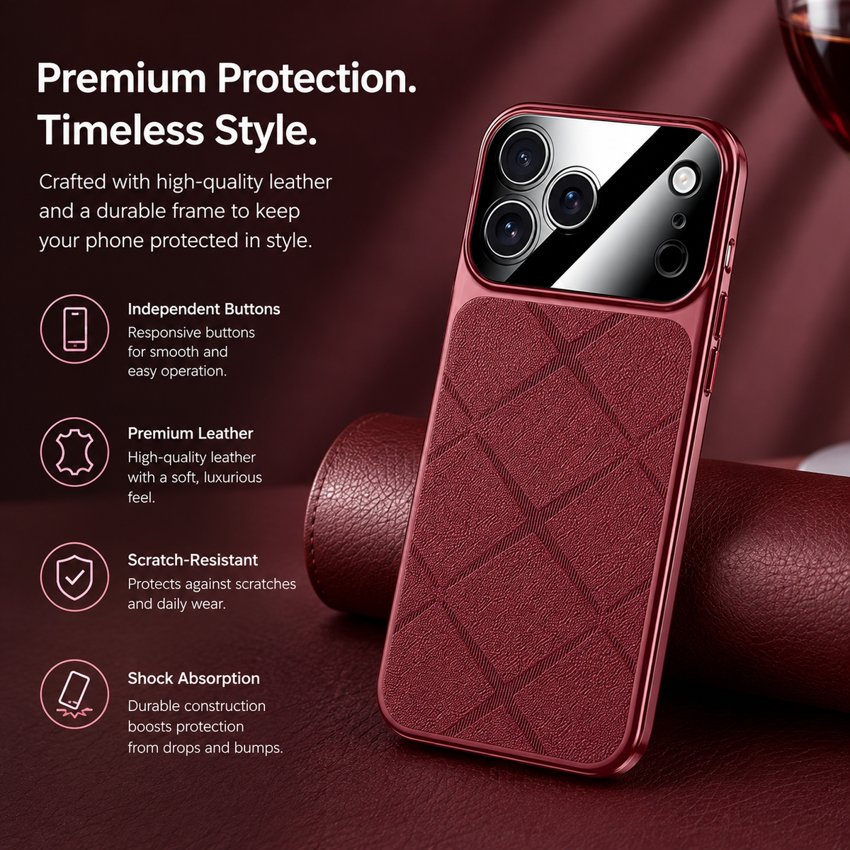 Premium iPhone Case Leather Plating Frame Camera Lens Protection Shockproof Tough Protective Bumper Anti Scratch Slim Reinforced Edge Modern Cover