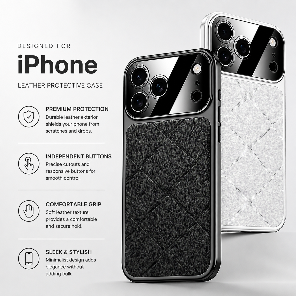 Premium iPhone Case Leather Plating Frame Camera Lens Protection Shockproof Tough Protective Bumper Anti Scratch Slim Reinforced Edge Modern Cover