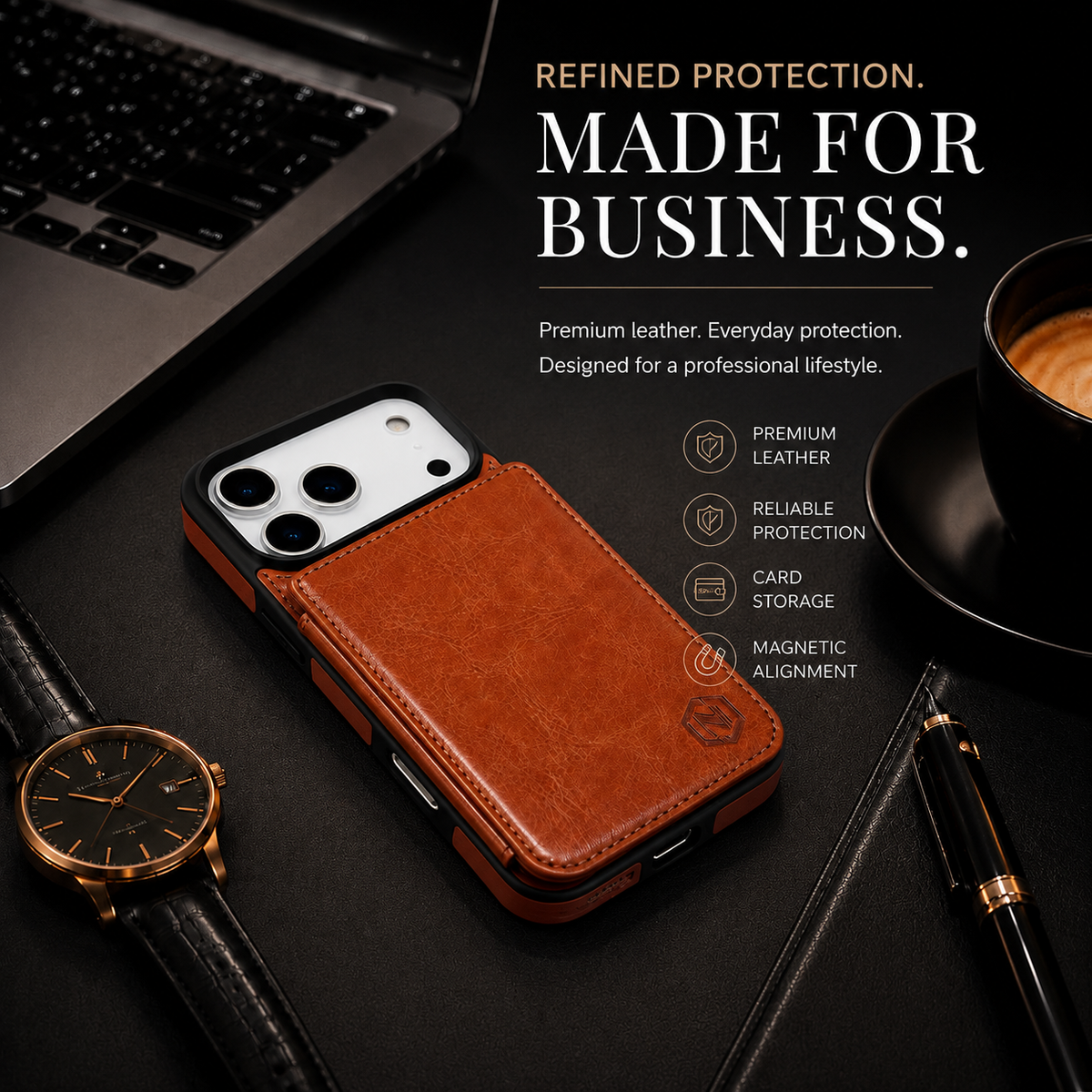 Premium iPhone Case Leather Wallet Card Holder Shockproof Protective Cover Business Slim Anti Scratch Non Slip Full Coverage Card Storage Case