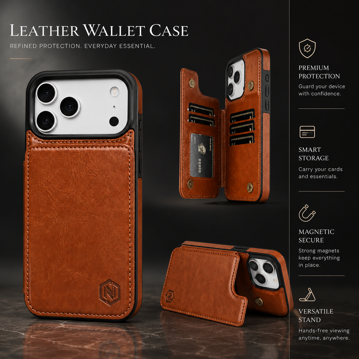 Premium iPhone Case Leather Wallet Card Holder Shockproof Protective Cover Business Slim Anti Scratch Non Slip Full Coverage Card Storage Case
