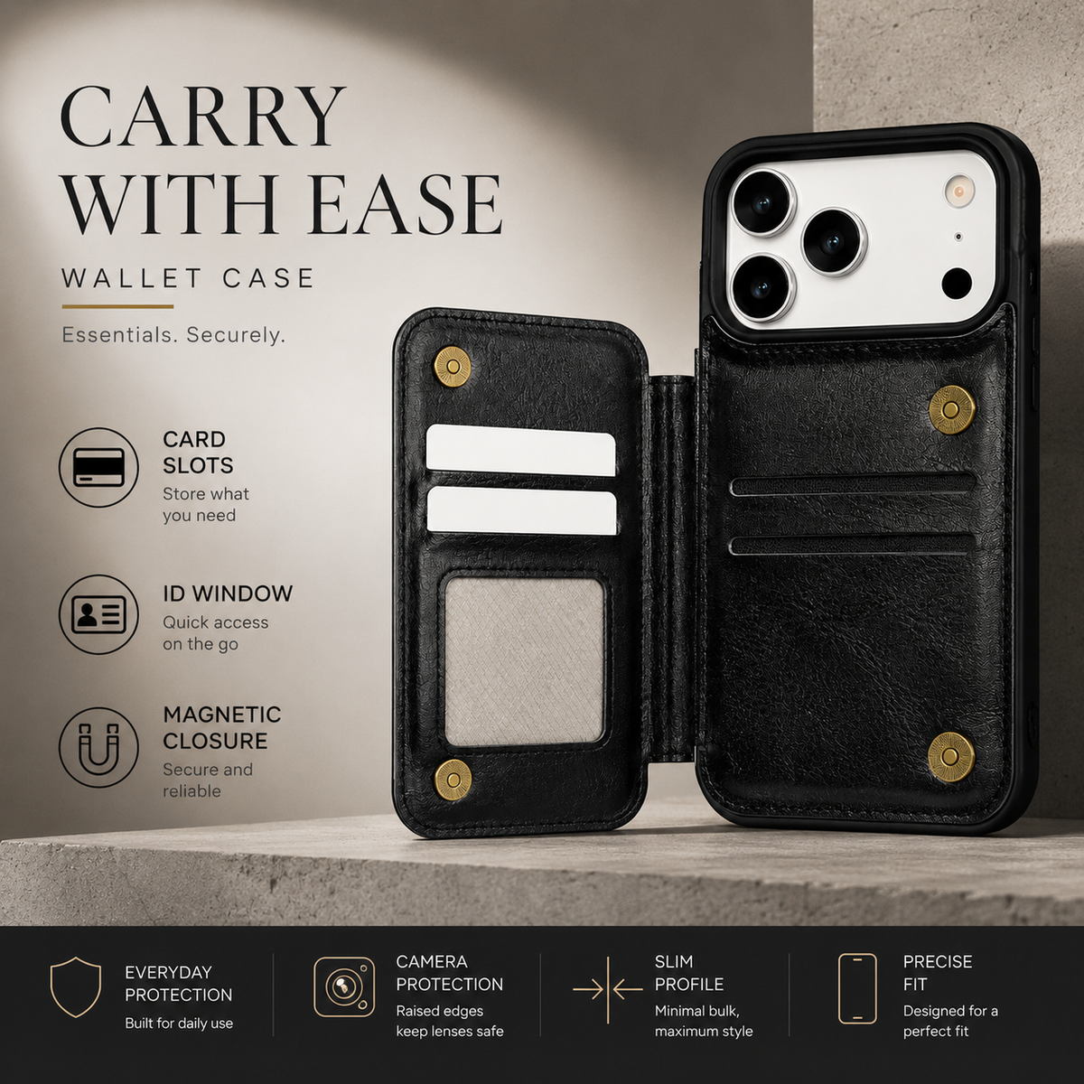 Premium iPhone Case Leather Wallet Card Holder Shockproof Protective Cover Business Slim Anti Scratch Non Slip Full Coverage Card Storage Case