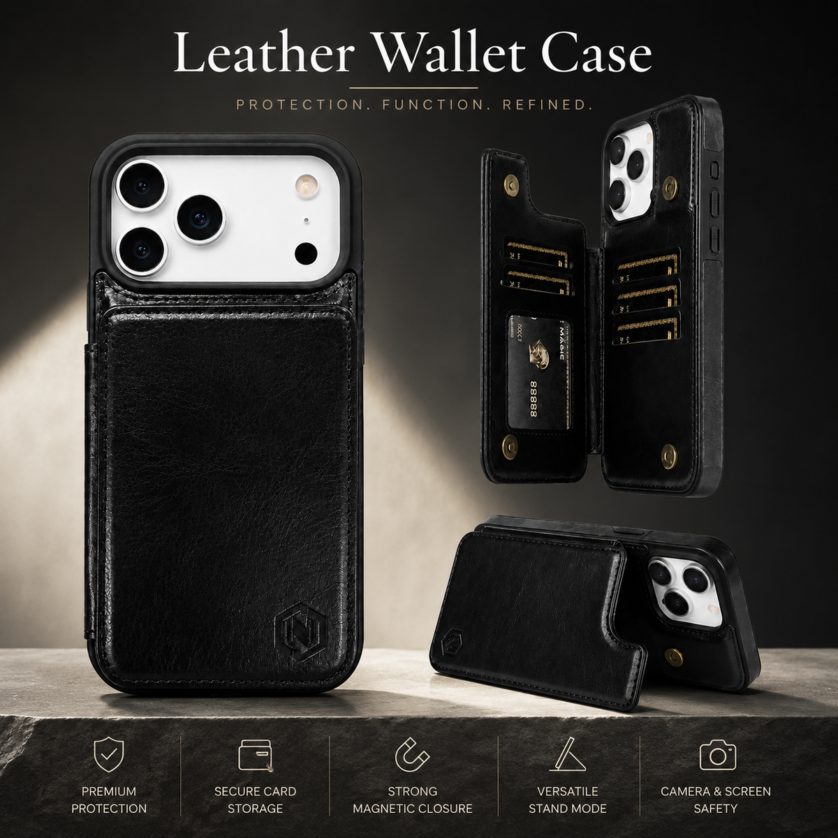 Premium iPhone Case Leather Wallet Card Holder Shockproof Protective Cover Business Slim Anti Scratch Non Slip Full Coverage Card Storage Case
