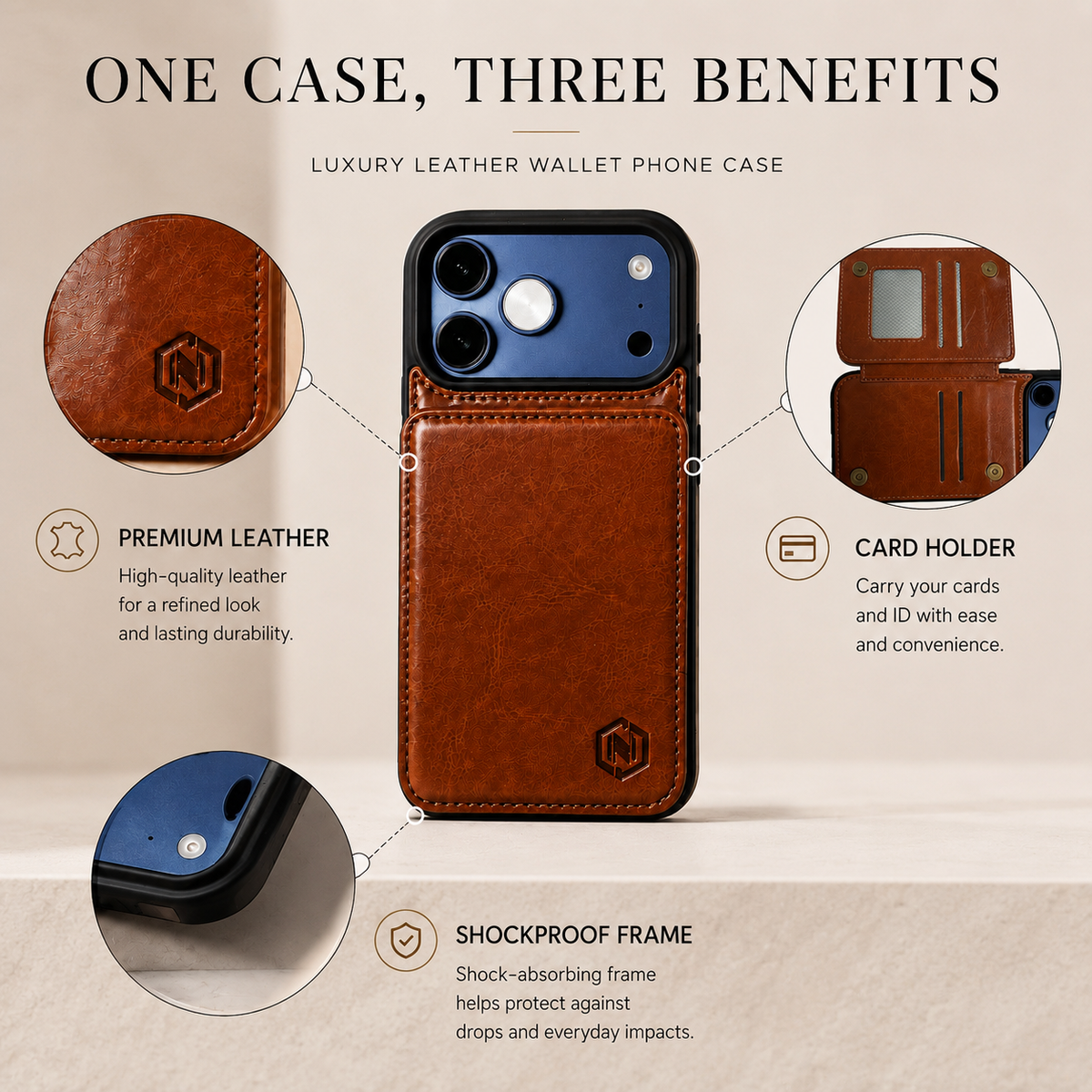Premium iPhone Case Leather Wallet Card Holder Shockproof Protective Cover Business Slim Anti Scratch Non Slip Full Coverage Card Storage Case