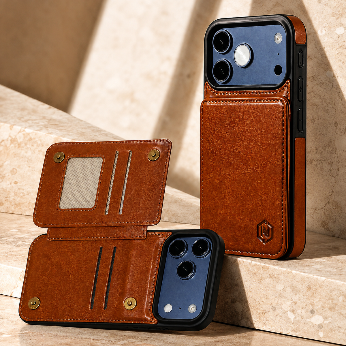 Premium iPhone Case Leather Wallet Card Holder Shockproof Protective Cover Business Slim Anti Scratch Non Slip Full Coverage Card Storage Case