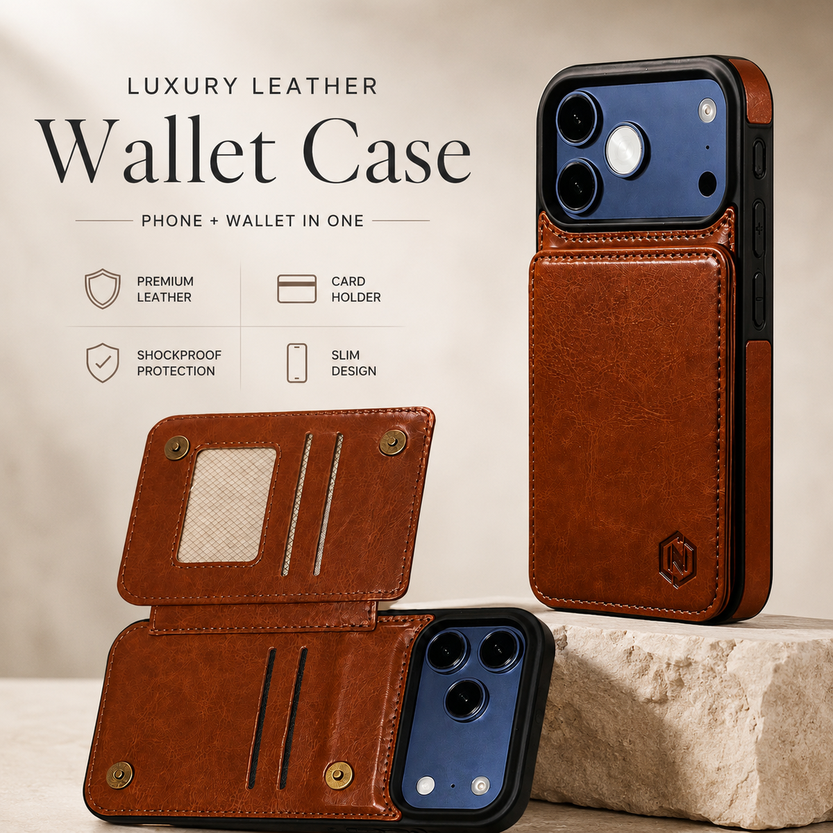 Premium iPhone Case Leather Wallet Card Holder Shockproof Protective Cover Business Slim Anti Scratch Non Slip Full Coverage Card Storage Case