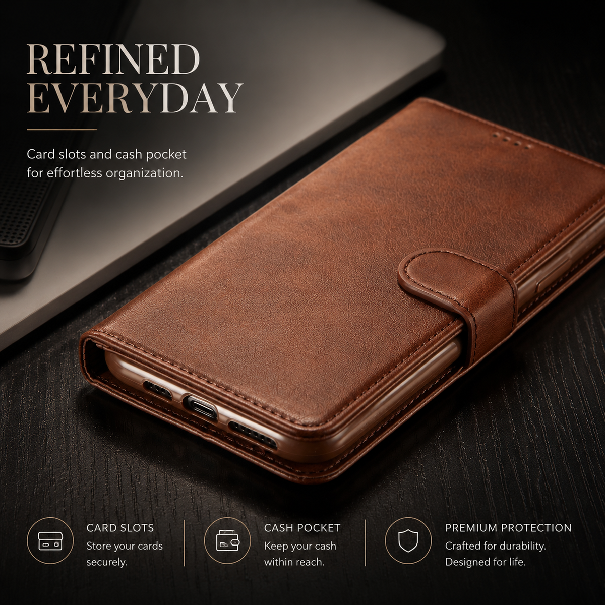 Premium iPhone Case Leather Wallet Flip Cover Card Holder Magnetic Closure Shockproof Full Body Camera Lens Protection Slim Elegant Design