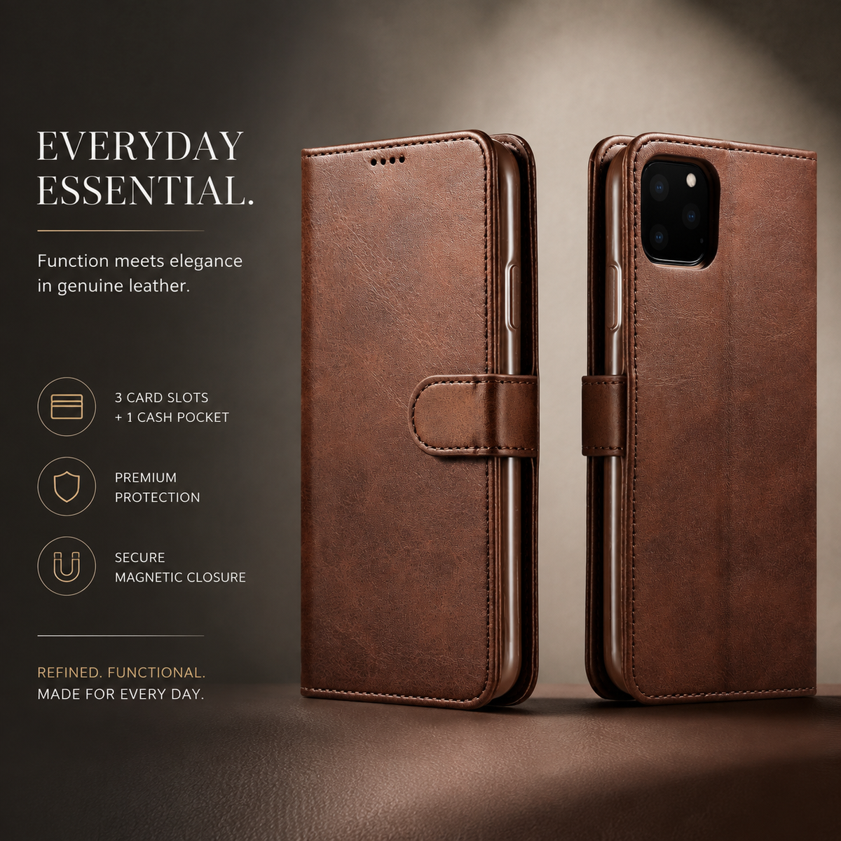 Premium iPhone Case Leather Wallet Flip Cover Card Holder Magnetic Closure Shockproof Full Body Camera Lens Protection Slim Elegant Design