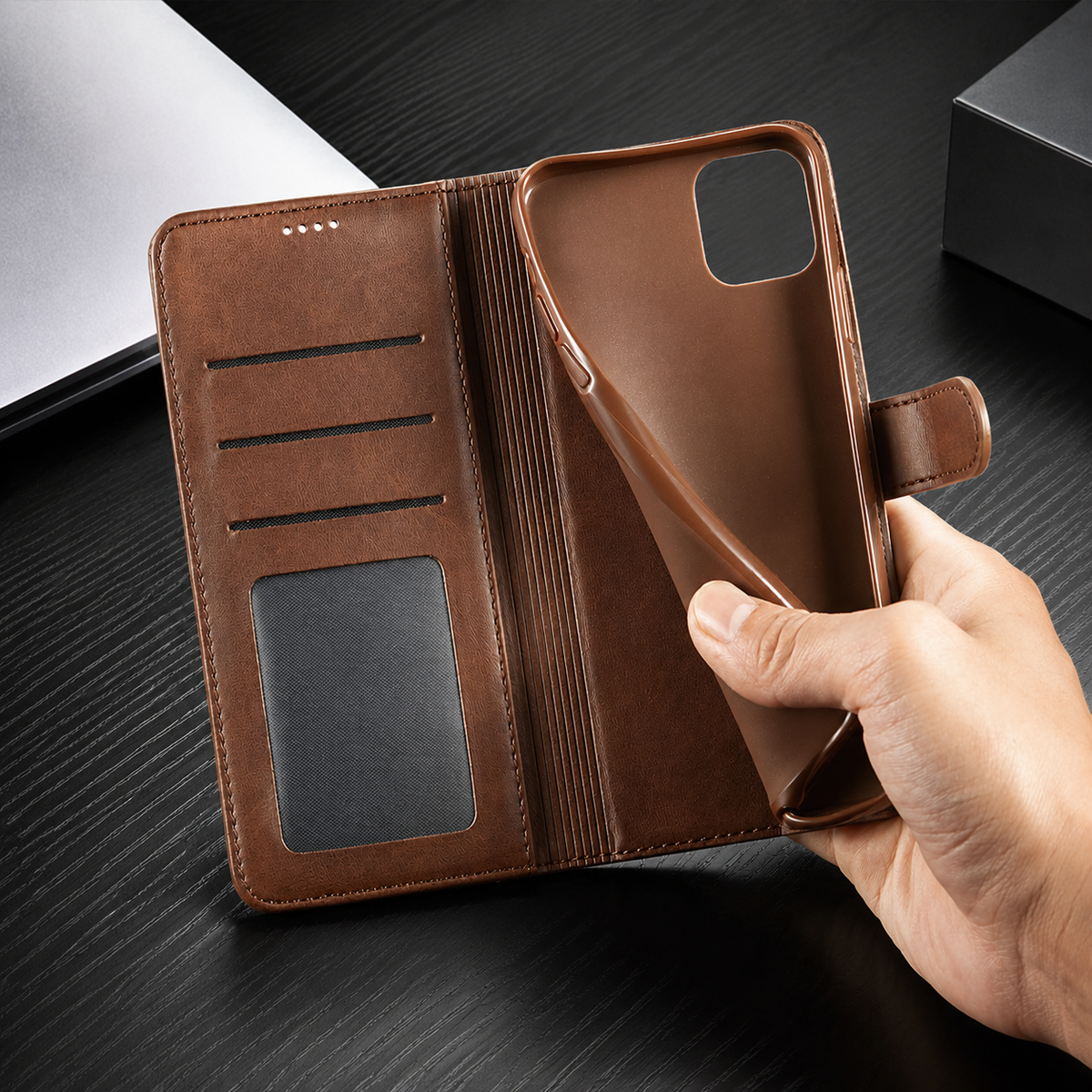 Premium iPhone Case Leather Wallet Flip Cover Card Holder Magnetic Closure Shockproof Full Body Camera Lens Protection Slim Elegant Design