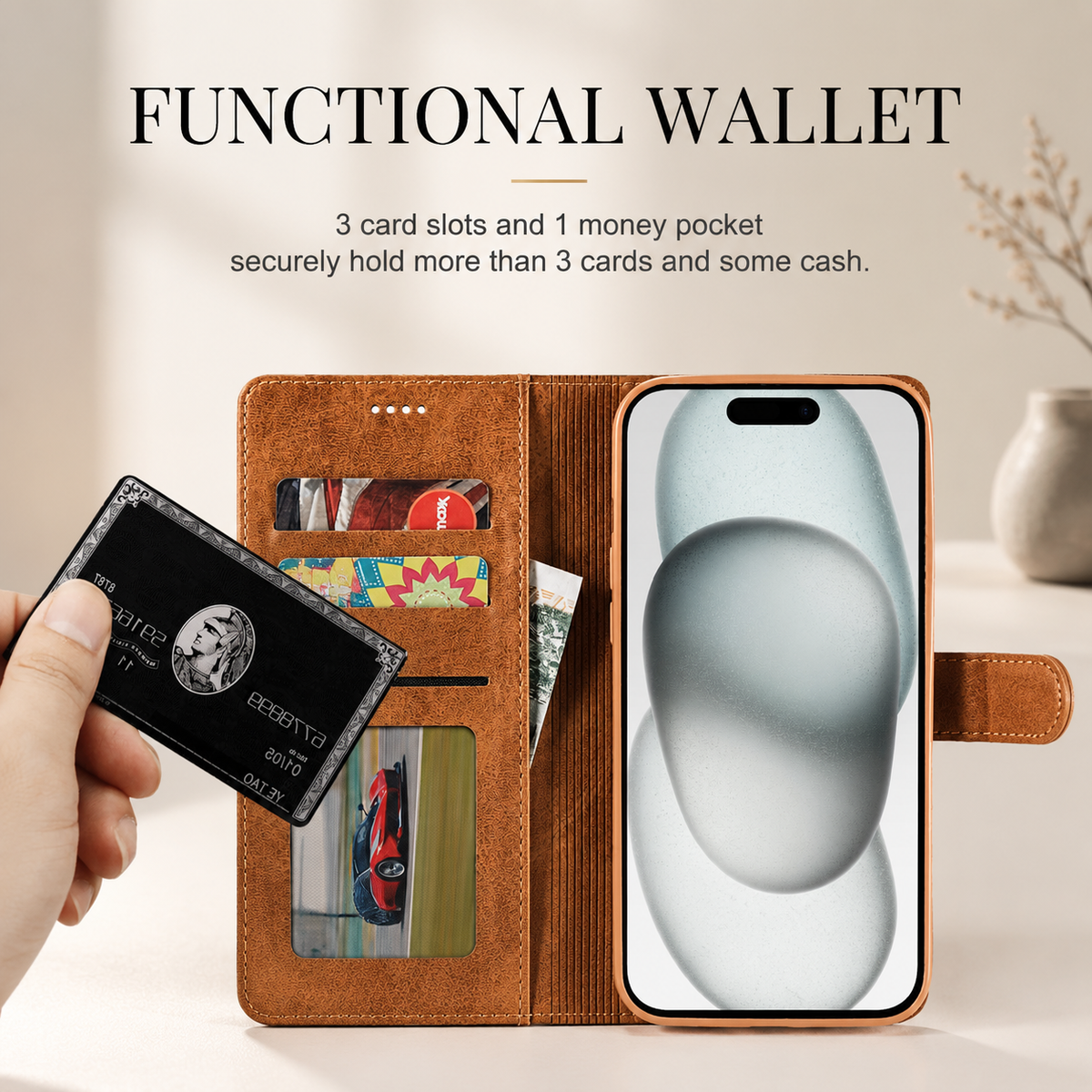 Premium iPhone Case Leather Wallet Flip Cover Card Holder Magnetic Closure Shockproof Full Body Camera Lens Protection Slim Elegant Design