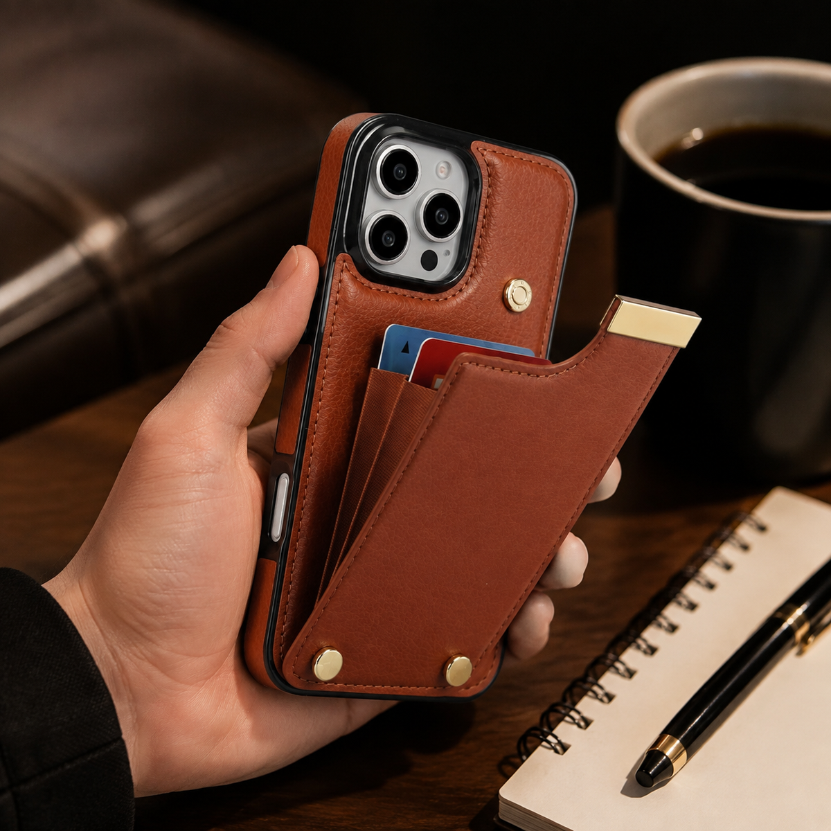 Premium iPhone Case Leather Wallet Flip Cover Card Holder Secure Pocket Magnetic Closure Shockproof Full Protection Slim Design Camera Guard Stand Set