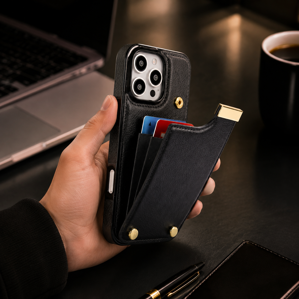 Premium iPhone Case Leather Wallet Flip Cover Card Holder Secure Pocket Magnetic Closure Shockproof Full Protection Slim Design Camera Guard Stand Set
