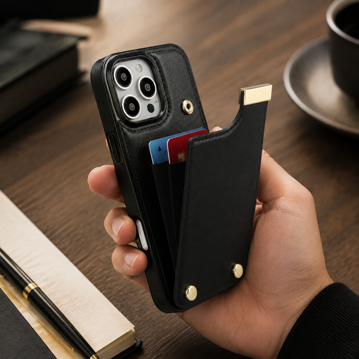 Premium iPhone Case Leather Wallet Flip Cover Card Holder Secure Pocket Magnetic Closure Shockproof Full Protection Slim Design Camera Guard Stand Set