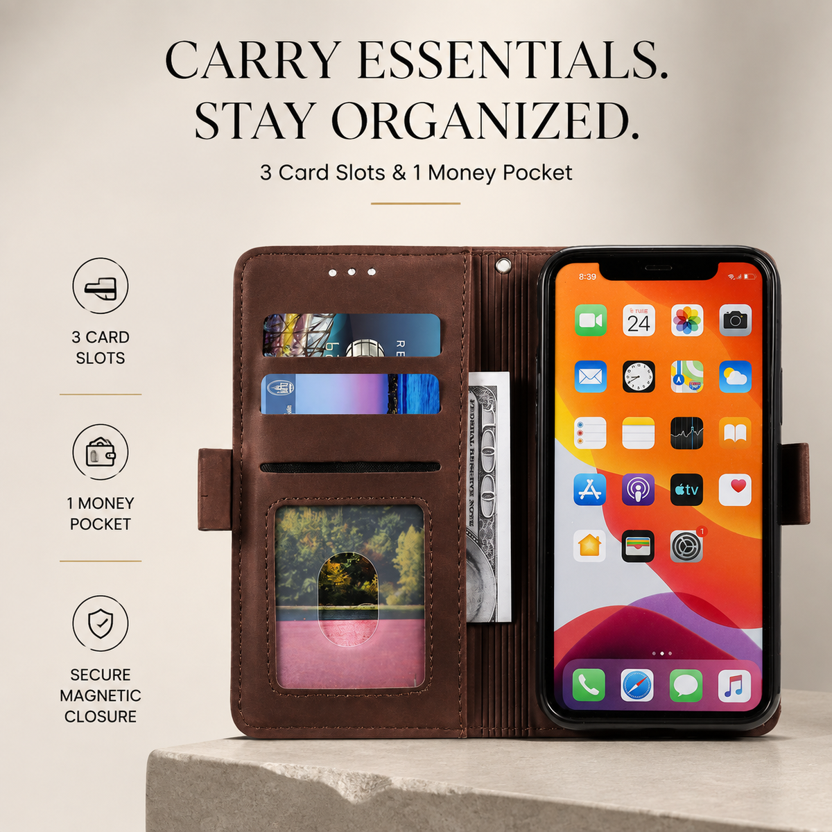 Premium iPhone Case Leather Wallet Flip Cover Card Slots Magnetic Closure Shockproof Full Body Protection Stand Function Slim Elegant Design Daily Use