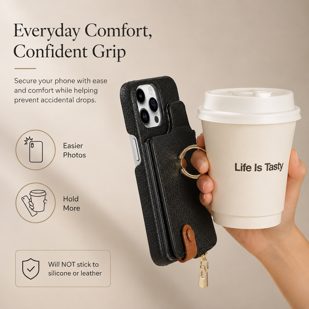 Premium iPhone Case Leather Zipper Wallet Cover Card Holder Ring Kickstand Magnetic Closure Shockproof Anti Fingerprint Protective Design