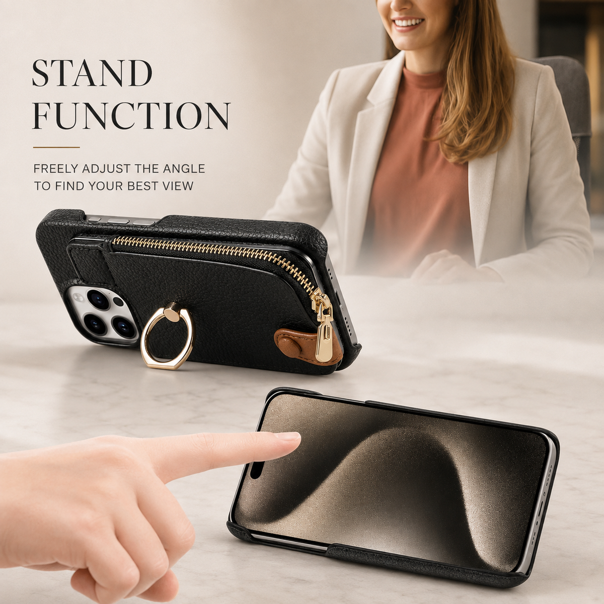 Premium iPhone Case Leather Zipper Wallet Cover Card Holder Ring Kickstand Magnetic Closure Shockproof Anti Fingerprint Protective Design
