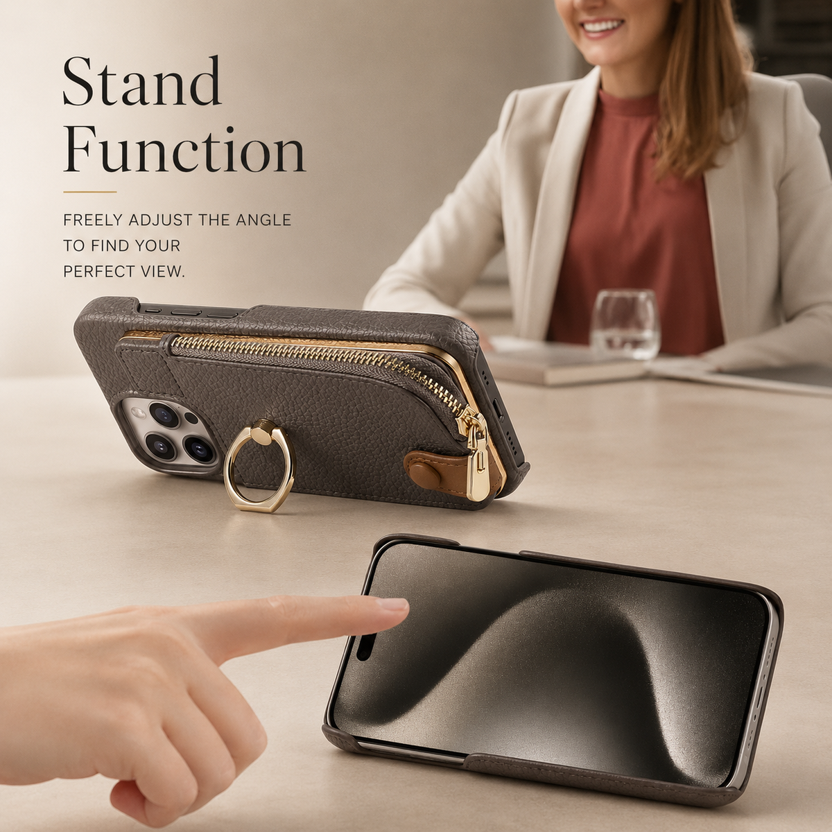 Premium iPhone Case Leather Zipper Wallet Cover Card Holder Ring Kickstand Magnetic Closure Shockproof Anti Fingerprint Protective Design