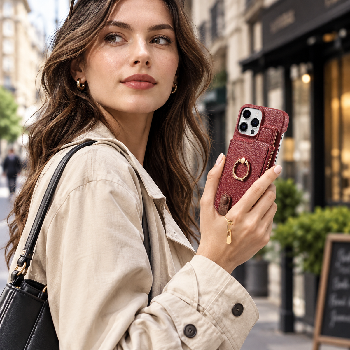 Premium iPhone Case Leather Zipper Wallet Cover Card Holder Ring Kickstand Magnetic Closure Shockproof Anti Fingerprint Protective Design