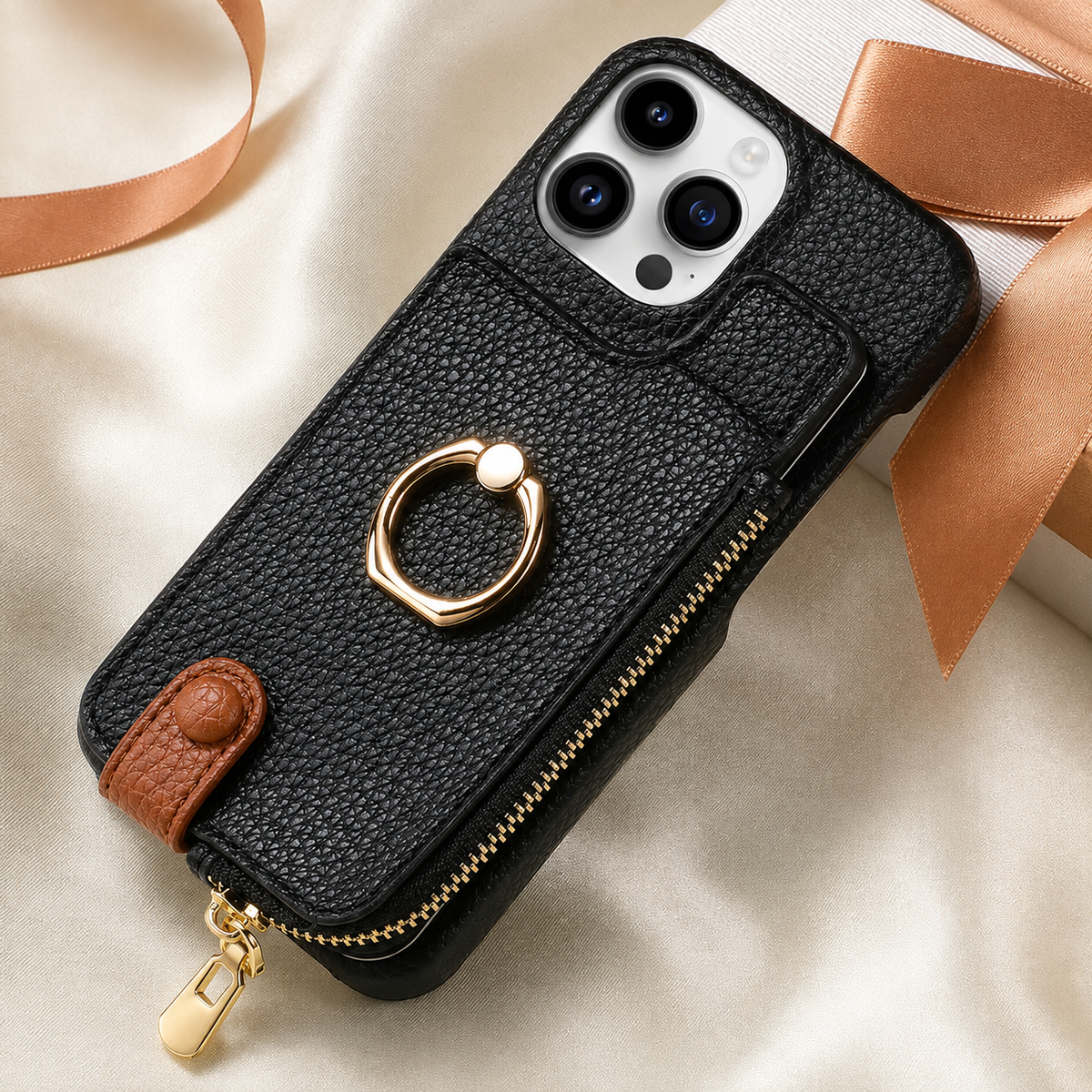 Premium iPhone Case Leather Zipper Wallet Cover Card Holder Ring Kickstand Magnetic Closure Shockproof Anti Fingerprint Protective Design