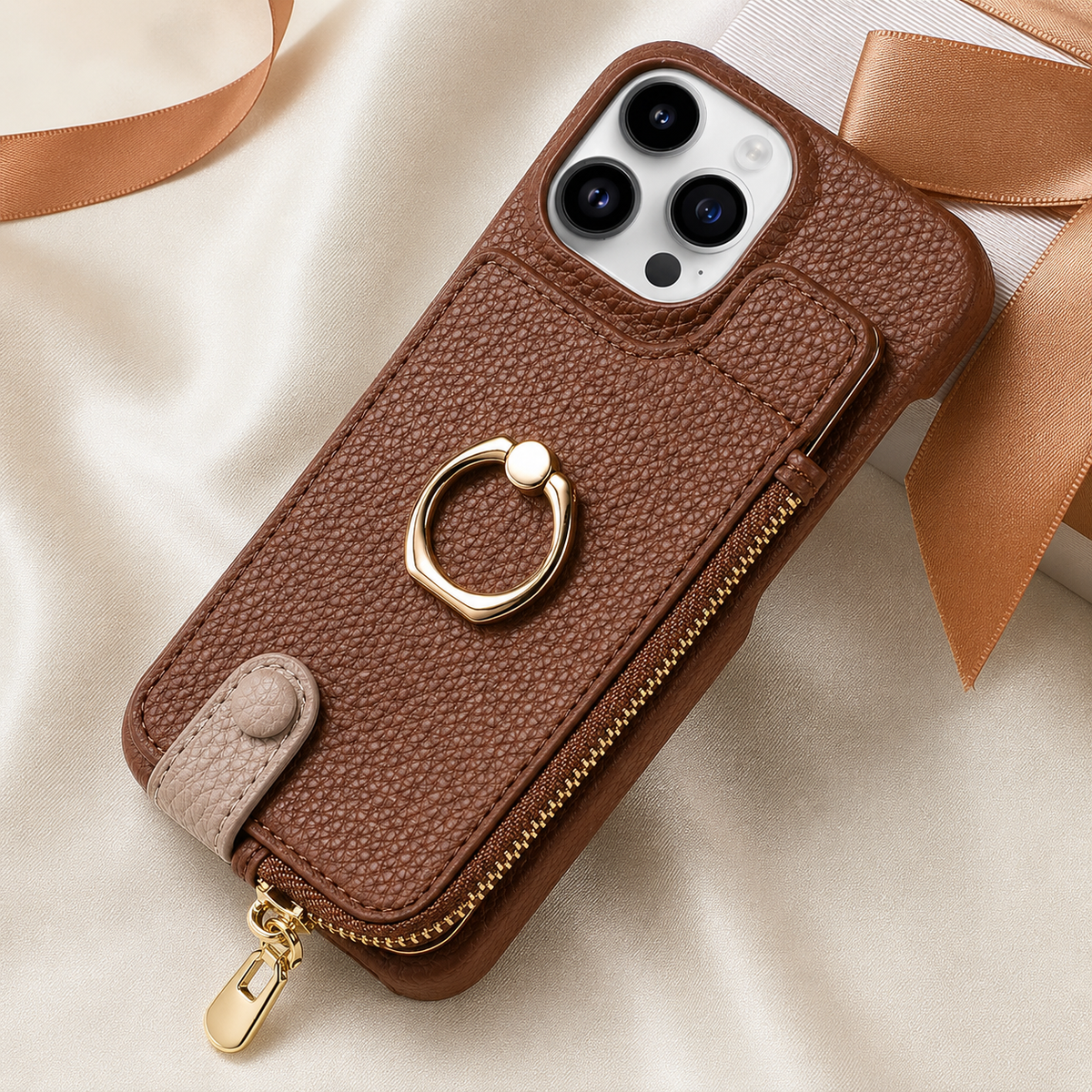 Premium iPhone Case Leather Zipper Wallet Cover Card Holder Ring Kickstand Magnetic Closure Shockproof Anti Fingerprint Protective Design