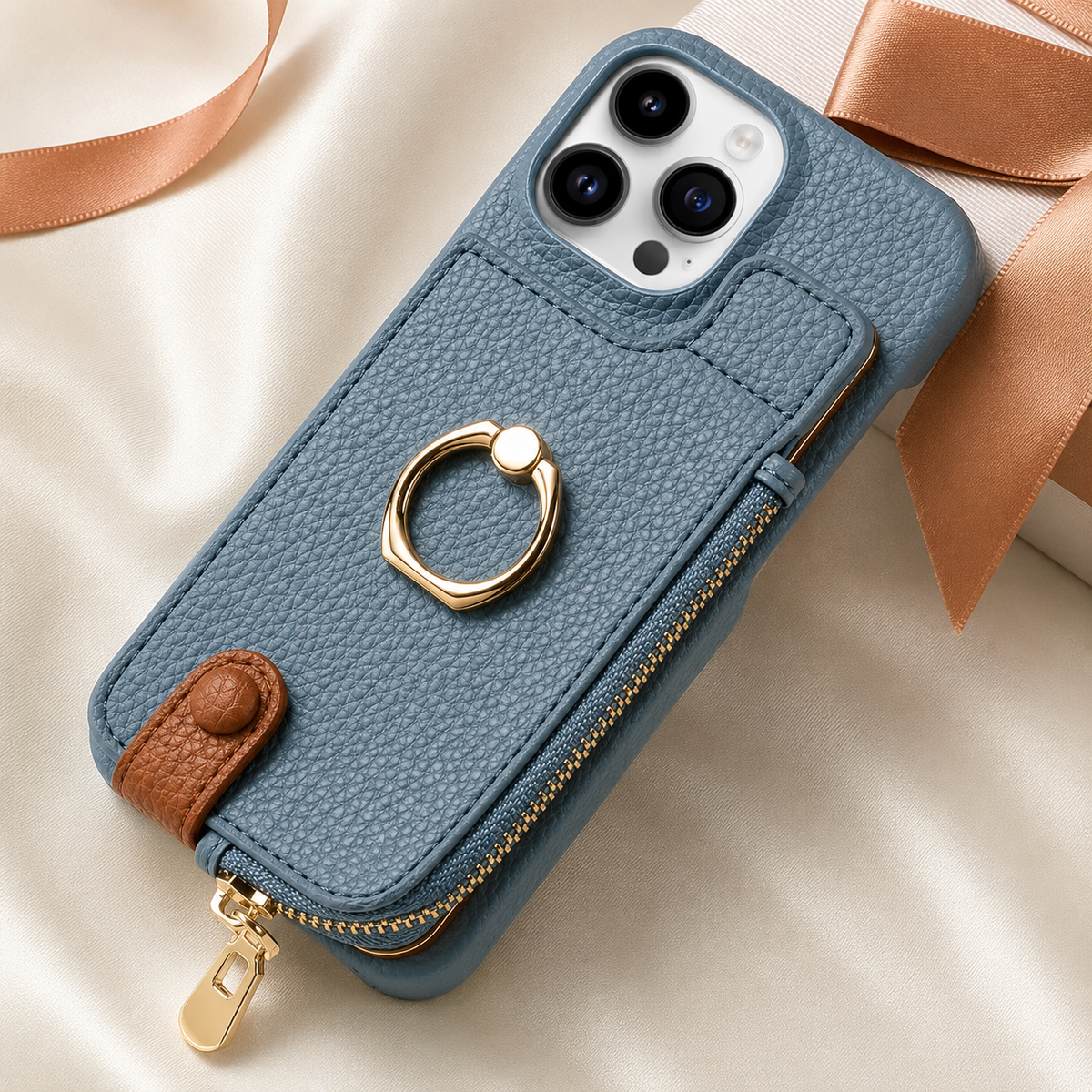 Premium iPhone Case Leather Zipper Wallet Cover Card Holder Ring Kickstand Magnetic Closure Shockproof Anti Fingerprint Protective Design