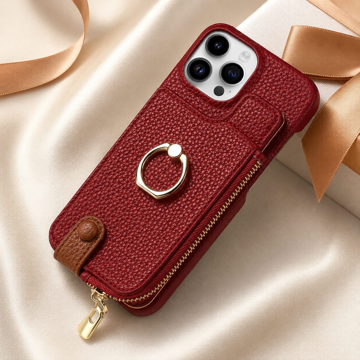 Premium iPhone Case Leather Zipper Wallet Cover Card Holder Ring Kickstand Magnetic Closure Shockproof Anti Fingerprint Protective Design