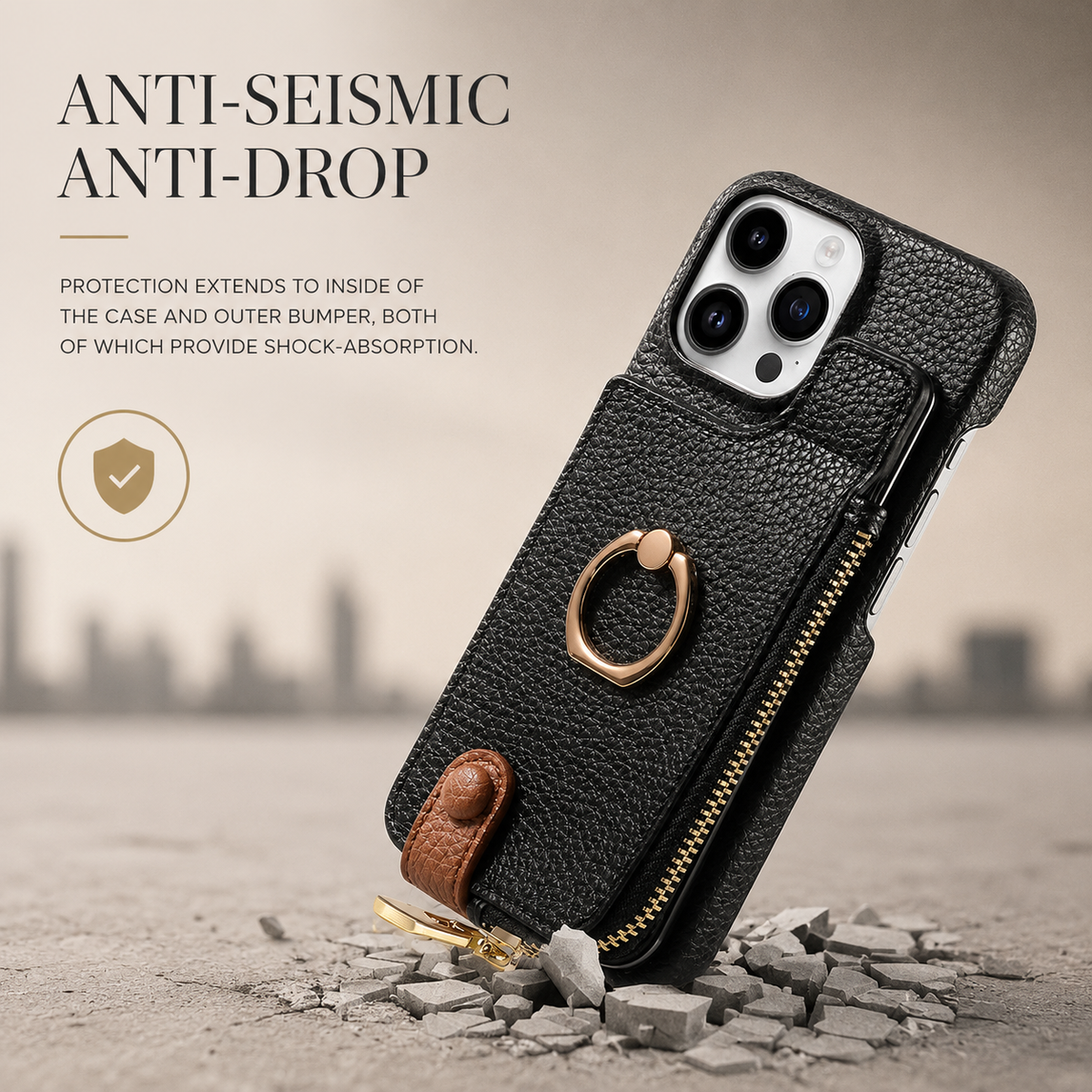 Premium iPhone Case Leather Zipper Wallet Cover Card Holder Ring Kickstand Magnetic Closure Shockproof Anti Fingerprint Protective Design