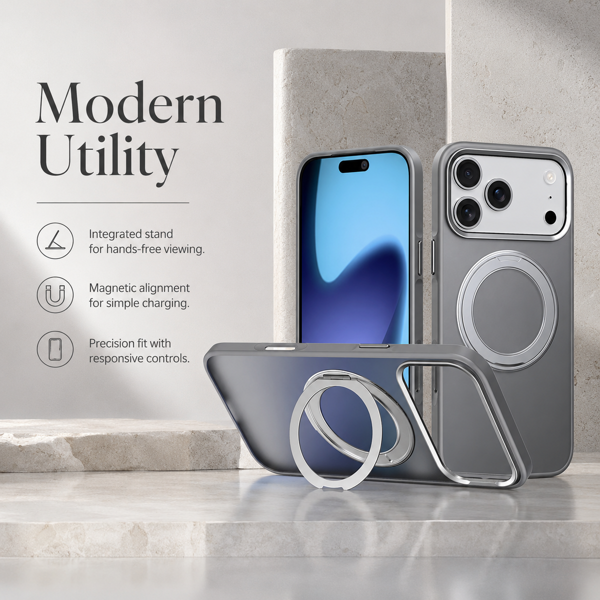 Premium iPhone Case MagSafe 360 Spin Magnetic Kickstand Metal Lens Guard Skin Feel Shockproof Anti Drop Slim Fit Non Slip Durable Protective Phone Cover Case