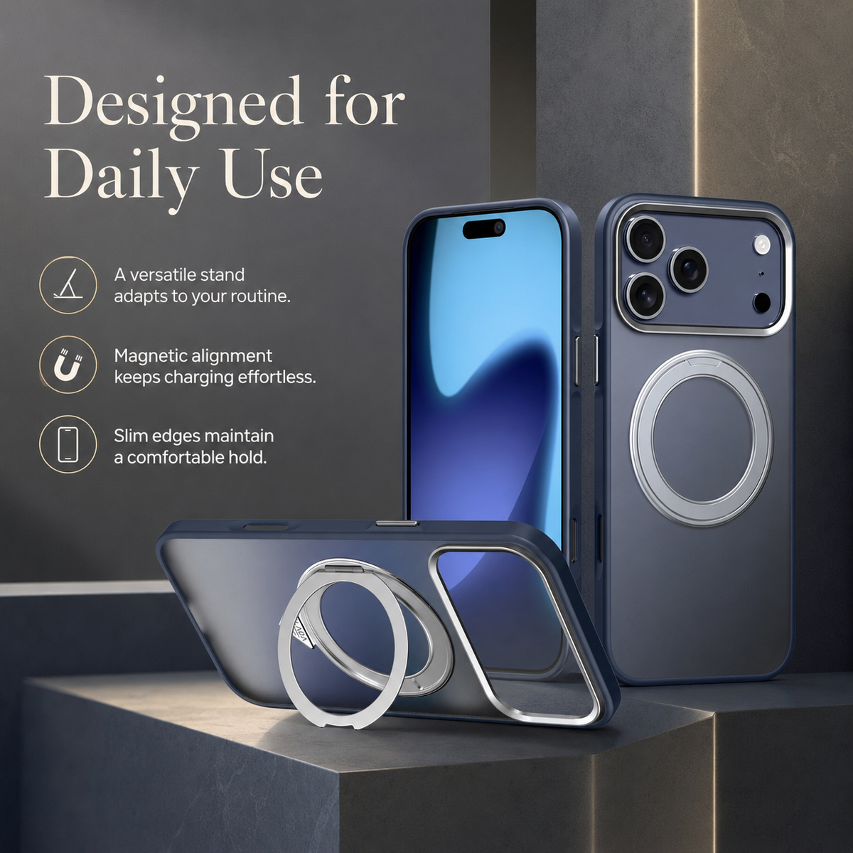 Premium iPhone Case MagSafe 360 Spin Magnetic Kickstand Metal Lens Guard Skin Feel Shockproof Anti Drop Slim Fit Non Slip Durable Protective Phone Cover Case