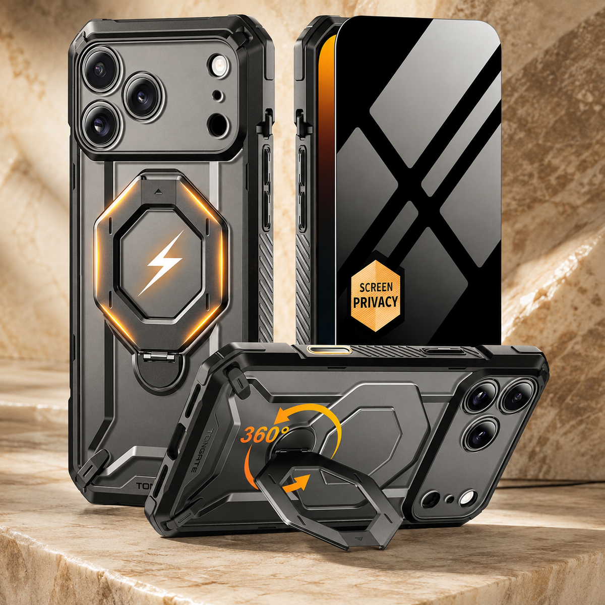 Premium iPhone Case MagSafe 360 Spin Magnetic Ring Stand Heavy Duty Shockproof PC Cover Screen Protector Camera Control Button Anti Scratch Armor Case