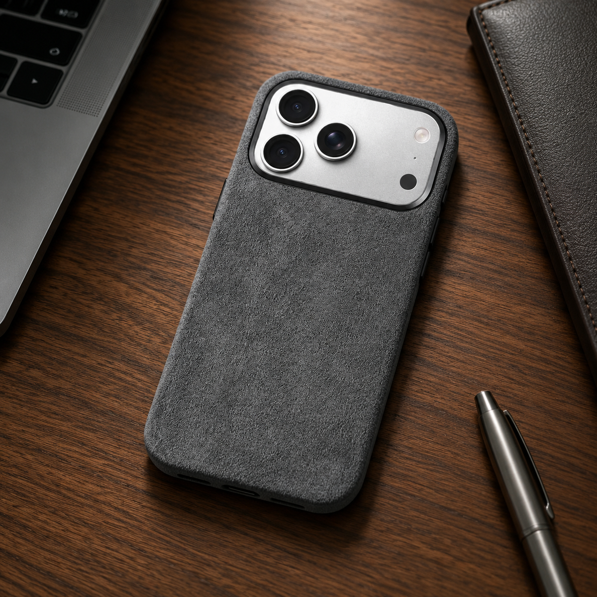 Premium iPhone Case MagSafe Alcantara Leather Magnetic Protective Cover Smart Button Anti Fingerprint Washable Slim Soft Touch Full Coverage Business Design