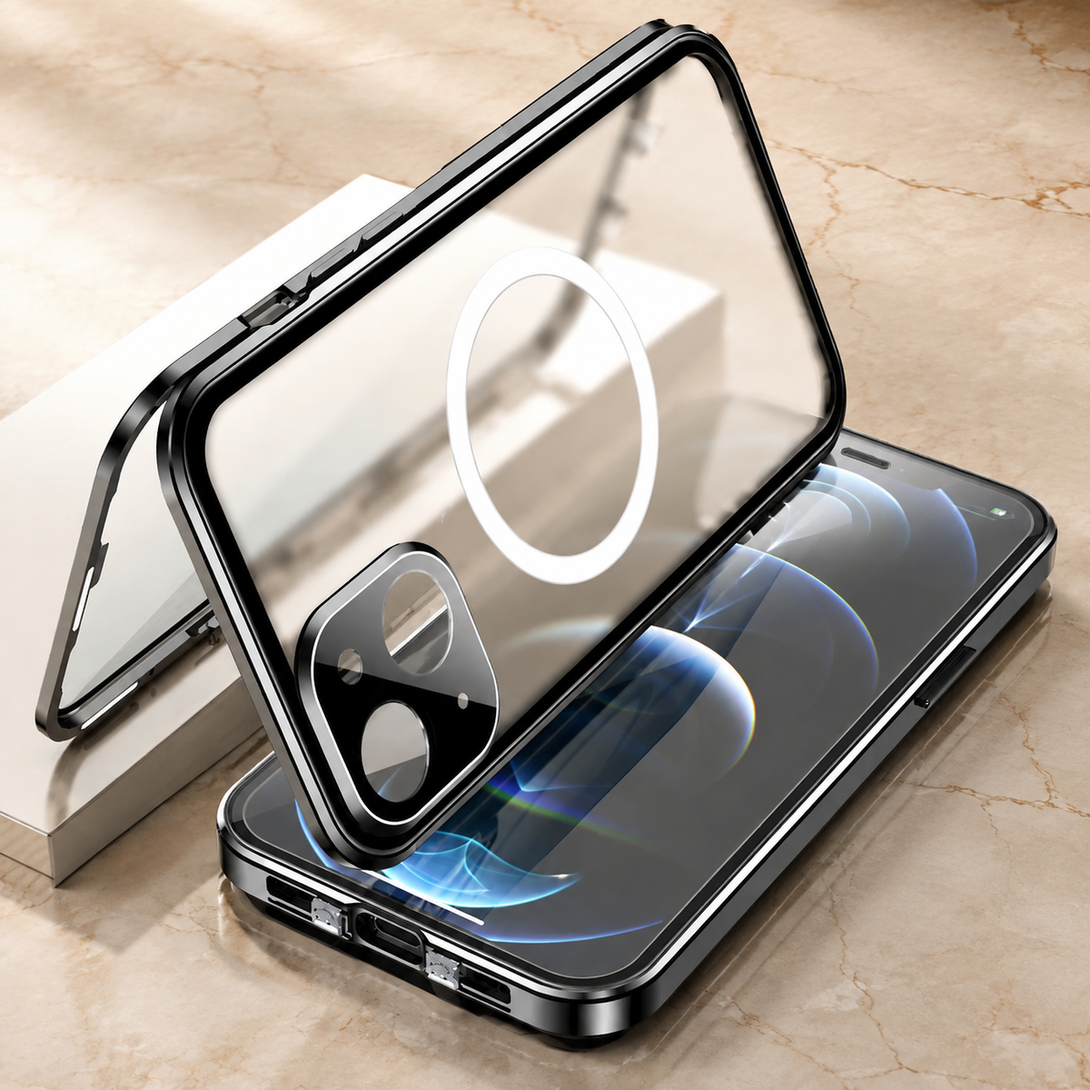 Premium iPhone Case MagSafe Aluminum Alloy Frame Tempered Glass PC Full Body Shockproof Camera Protection Clear Cover Anti Scratch Magnetic Protective