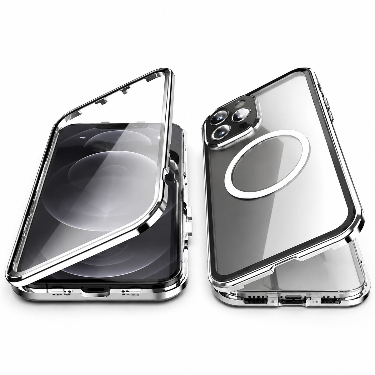 Premium iPhone Case MagSafe Aluminum Alloy Frame Tempered Glass PC Full Body Shockproof Camera Protection Clear Cover Anti Scratch Magnetic Protective