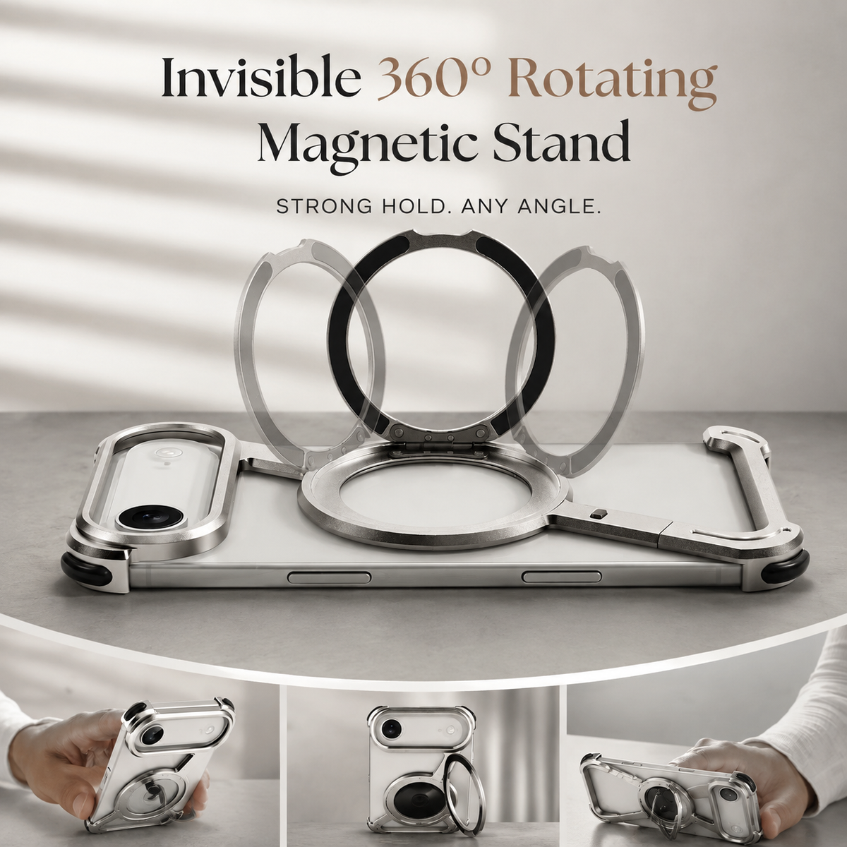 Premium iPhone Case MagSafe Aluminum Alloy Frameless Magnetic Shockproof Protective Cover 360° Rotating Ring Stand Slim Anti Scratch Full Coverage