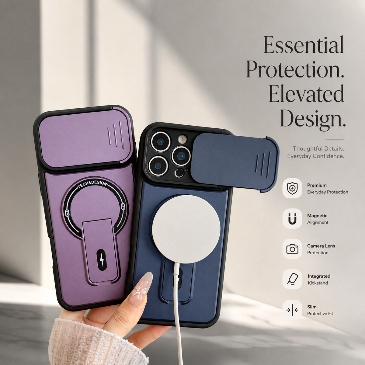 Premium iPhone Case MagSafe Armor Slide Camera Protective Cover Invisible Kickstand Holder Shockproof PC TPU Anti Scratch Non Slip Slim Rugged Case
