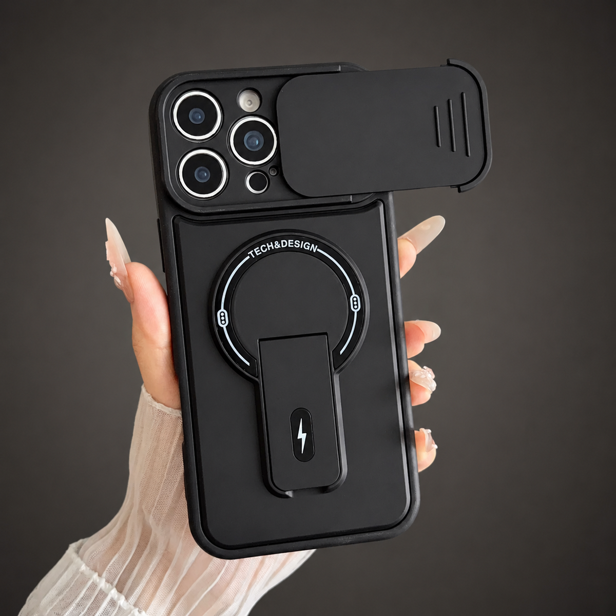 Premium iPhone Case MagSafe Armor Slide Camera Protective Cover Invisible Kickstand Holder Shockproof PC TPU Anti Scratch Non Slip Slim Rugged Case