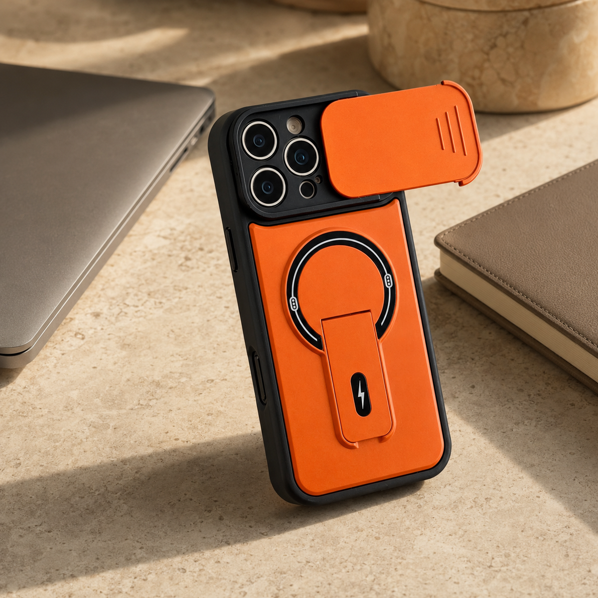 Premium iPhone Case MagSafe Armor Slide Camera Protective Cover Invisible Kickstand Holder Shockproof PC TPU Anti Scratch Non Slip Slim Rugged Case