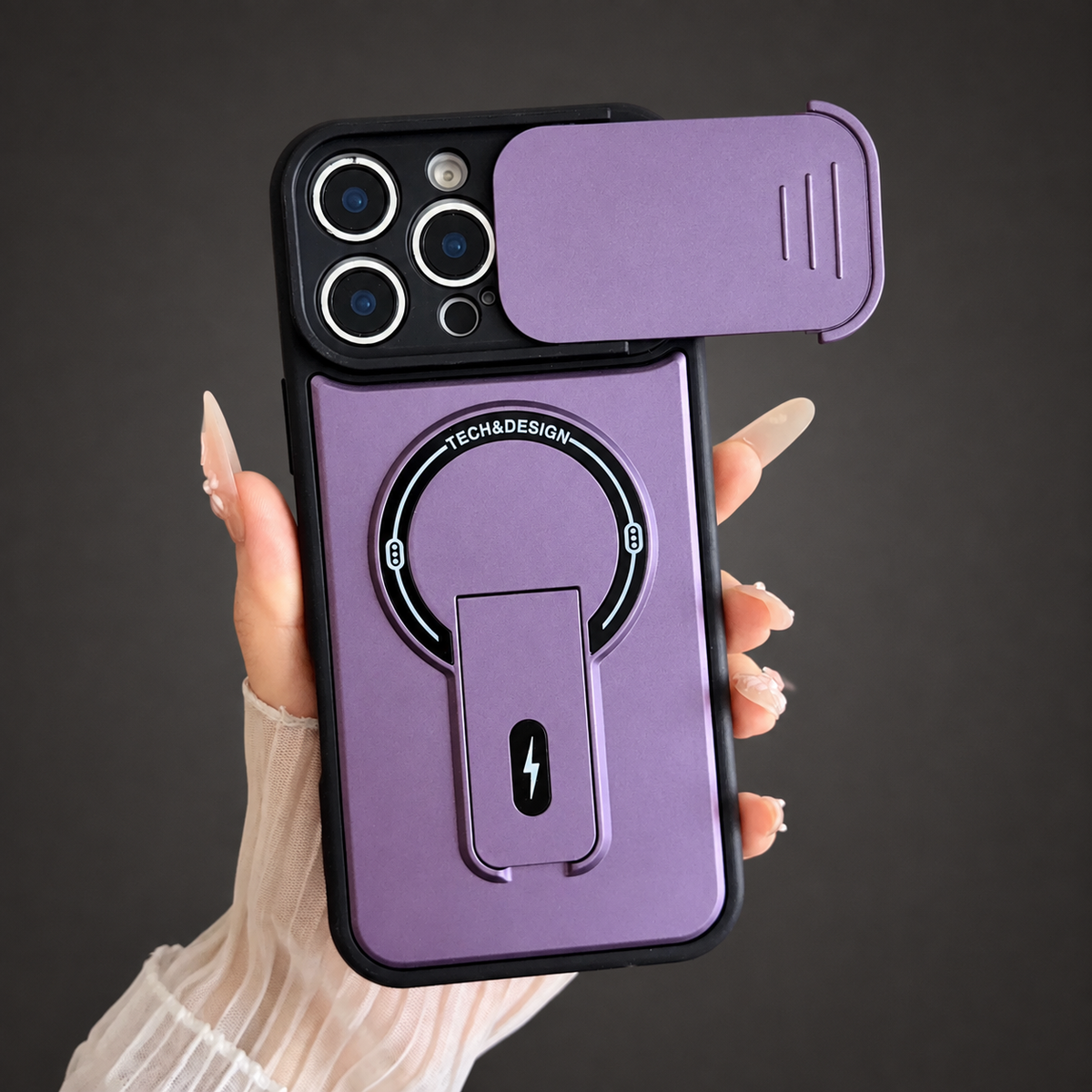 Premium iPhone Case MagSafe Armor Slide Camera Protective Cover Invisible Kickstand Holder Shockproof PC TPU Anti Scratch Non Slip Slim Rugged Case