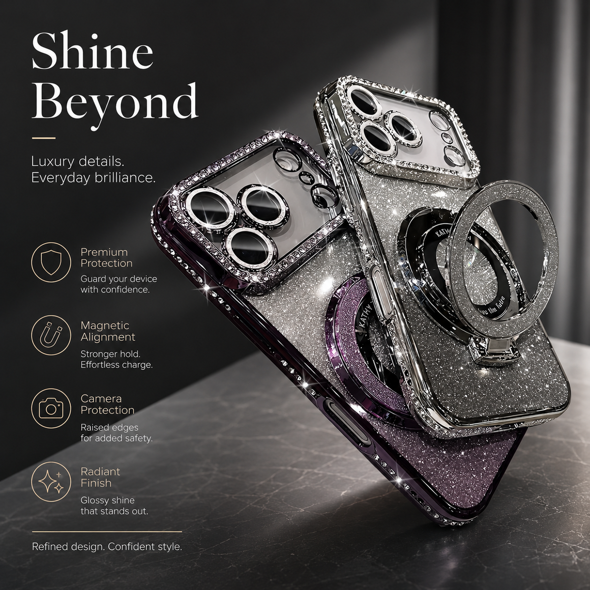 Premium iPhone Case MagSafe Bling Glitter Rhinestone Magnetic Ring Holder Plating Shockproof PC TPU Non Slip Protective Bumper Cover Case Design